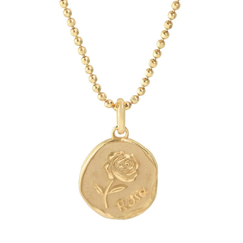 14K Solid Gold Dainty Floral Rose Pendant Chain Necklace , 14Kt Yellow Gold Oval Shape Coin Romantic  Delicate Charm, Love Gift for Her