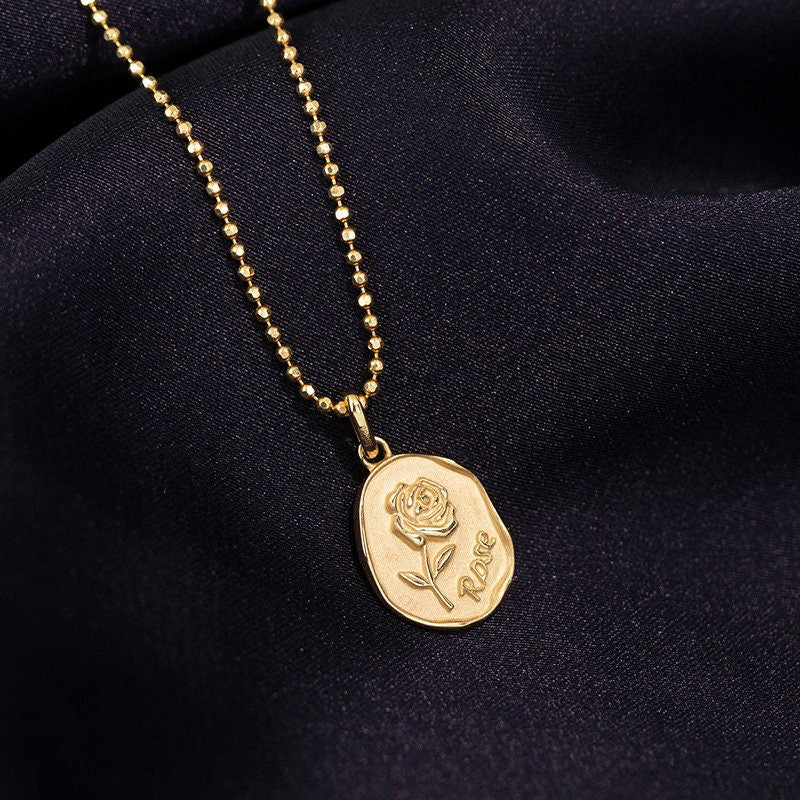 14K Solid Gold Dainty Floral Rose Pendant Chain Necklace , 14Kt Yellow Gold Oval Shape Coin Romantic  Delicate Charm, Love Gift for Her