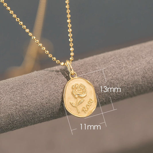 14K Solid Gold Dainty Floral Rose Pendant Chain Necklace , 14Kt Yellow Gold Oval Shape Coin Romantic  Delicate Charm, Love Gift for Her