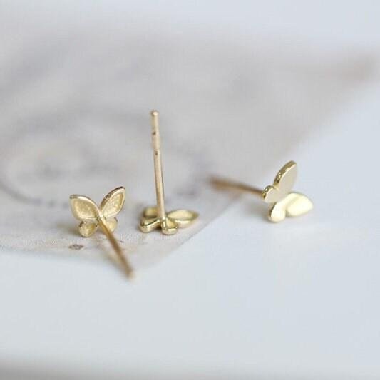 14K Solid Gold Butterfly Dainty Stud Earrings