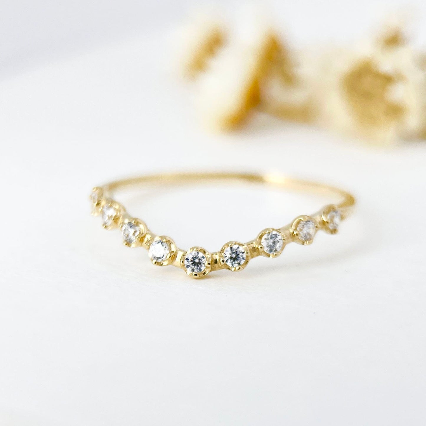9K Real Solid Gold Pave-Set CZ Diamond Curved Wedding Band